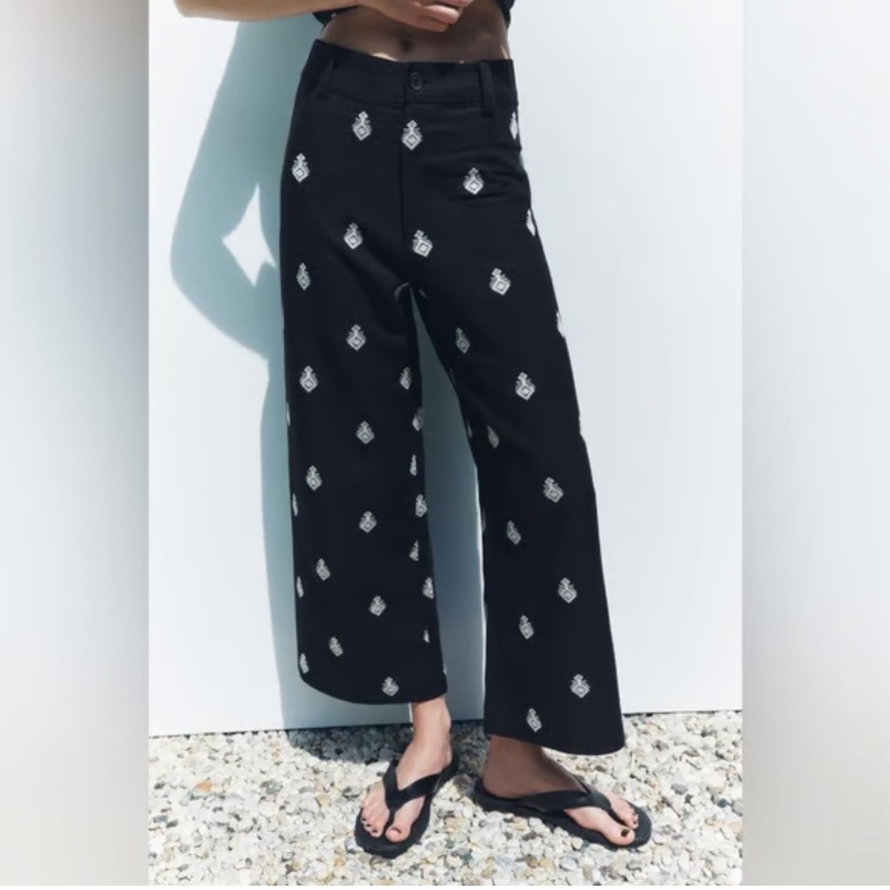 Zara Black Wide Leg Embroidered Pants